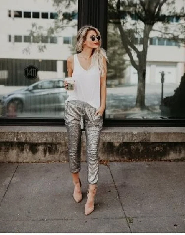 Amy Fashion - Sequin Elastic Waist Lace-up Long Pants