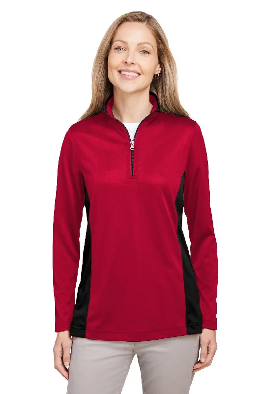 Harriton Womens Flash Performance Moisture Wicking Colorblock 1/4 Zip Sweatshirt - Red/Black