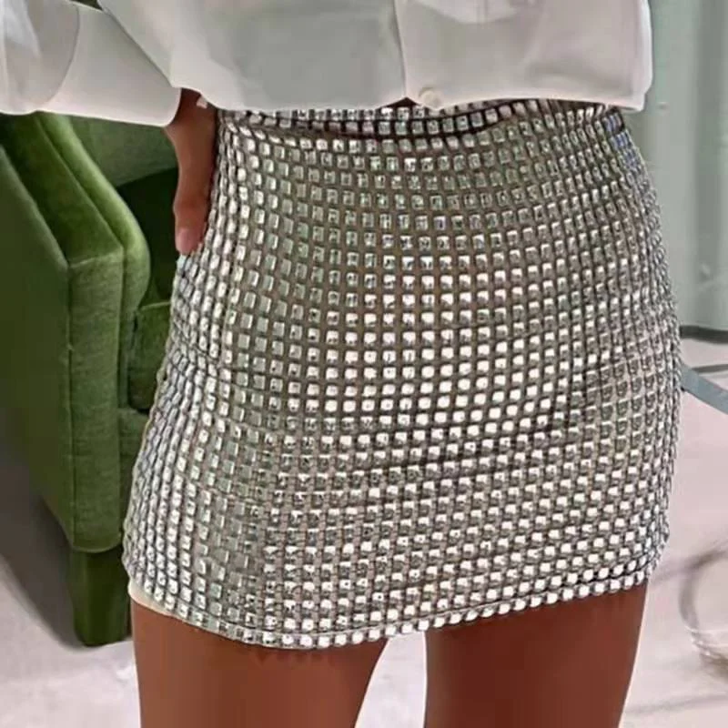 Amy Fashion - Shiny Sequins Chic Bodycon Solid Color Mini Skirt