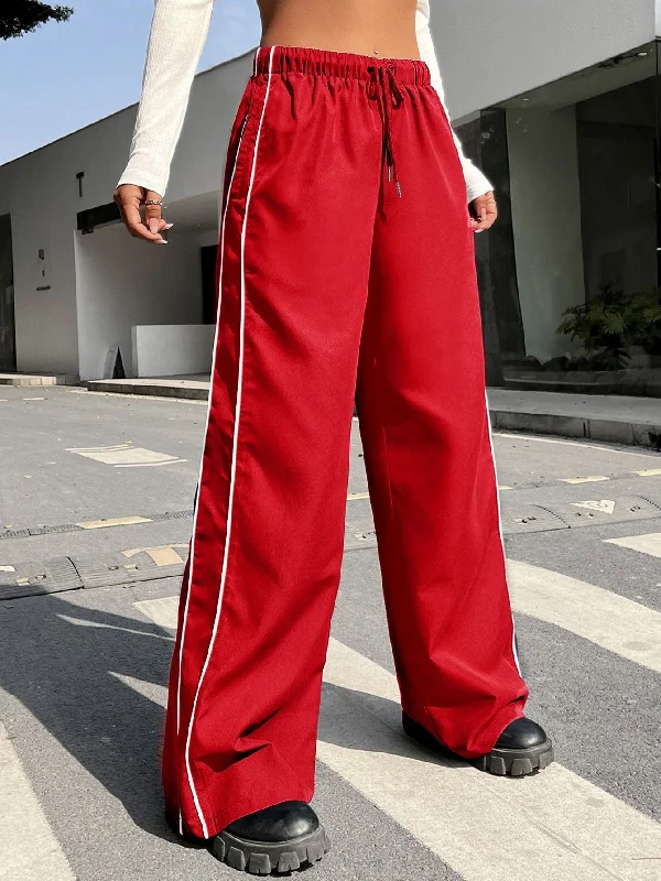 Amy Fashion - Piping Drawstring Waist Wide Leg Pants