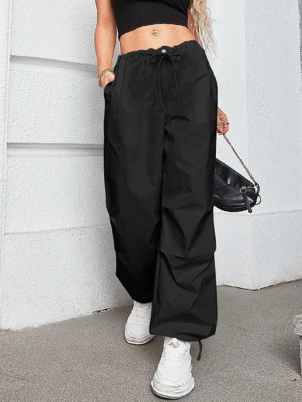 Amy Fashion - Oversized Drawstring Low Waist Slant Pocket Cargo Parachute Pants