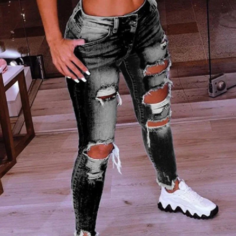 2024 Low Waist Hip Lift Ripped Holes Skinny Pants