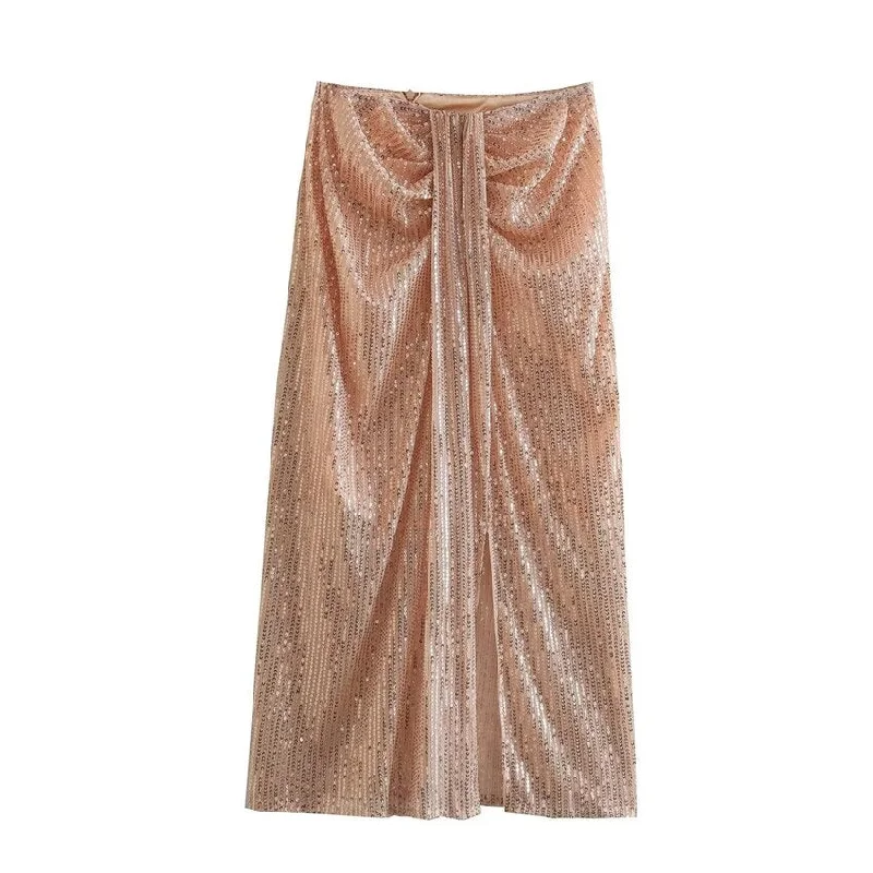 Amy Fashion - Pleated Sequin Vintage Fall Back Zipper Skirt