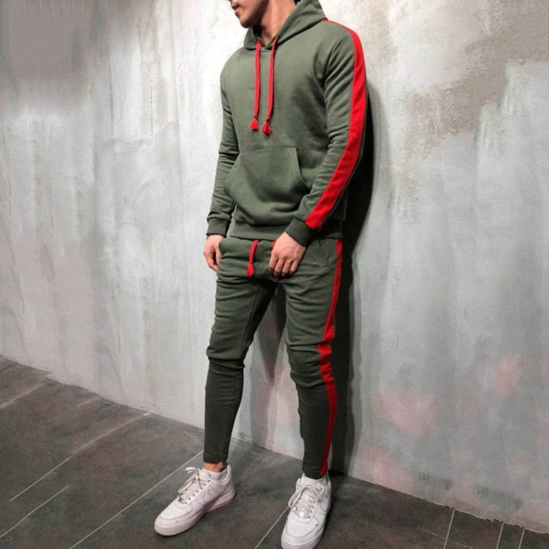 2 Pieces Sets Men Tracksuit Hooded Sweatshirt +Drawstring Pants Male Stripe Patchwork Hoodies