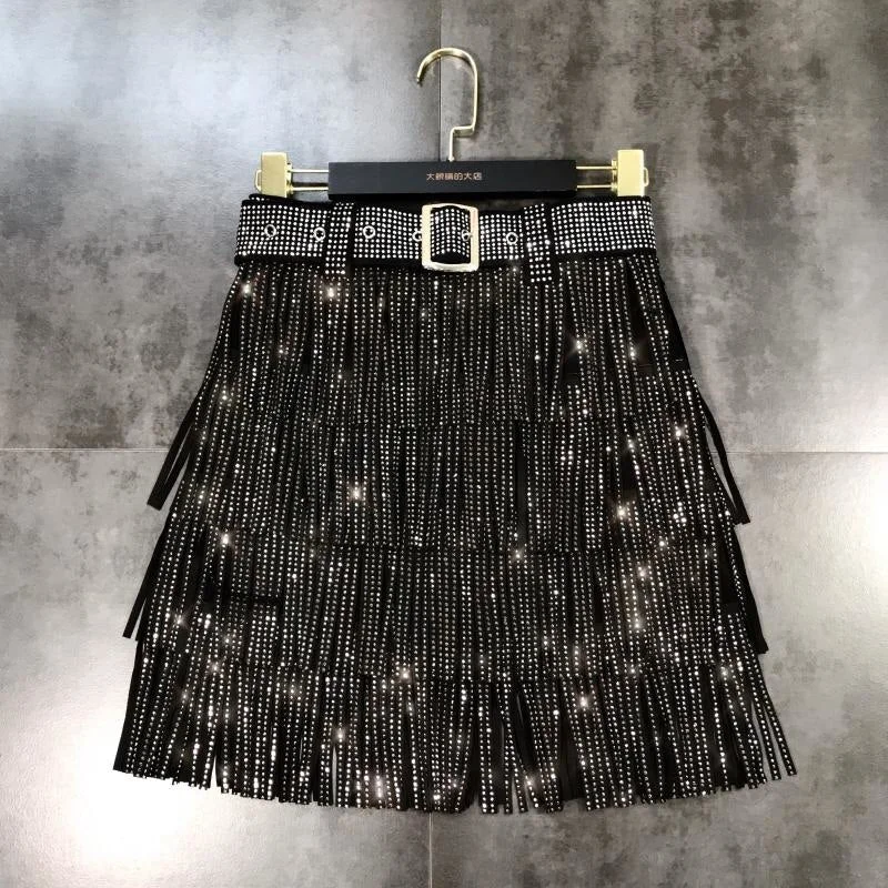 Amy Fashion - Rhinestones Tassel  High Waist Belt Skirt