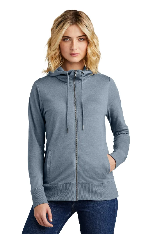 District Womens French Terry Full Zip Hooded Sweatshirt Hoodie w/ Pockets - Heather Flint Blue