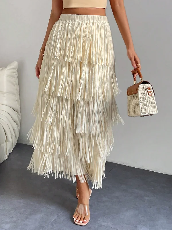 Amy Fashion - High Waist Fringe Trim Skirt