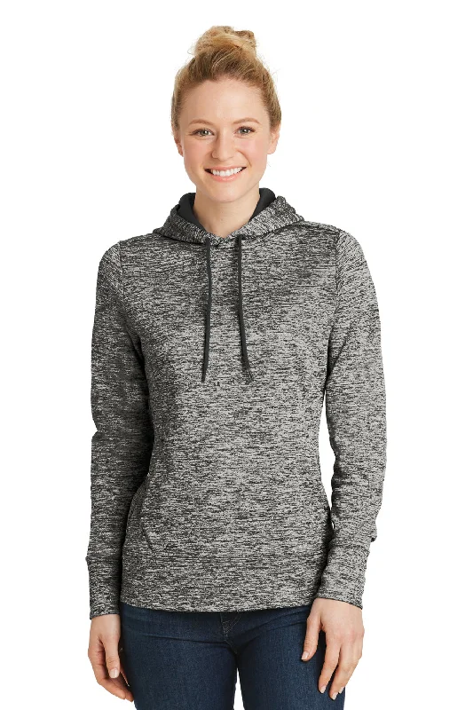 Sport-Tek Womens Electric Heather Moisture Wicking Fleece Hooded Sweatshirt Hoodie w/ Pouch Pocket - Black Electric - Closeout