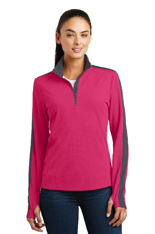 Sport-Tek Womens Sport-Wick Moisture Wicking 1/4 Zip Sweatshirt - Raspberry Pink/Iron Grey - Closeout