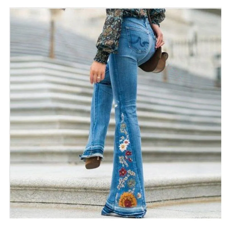 Amy Fashion - Embroidered Denim Bell Bottom Pants