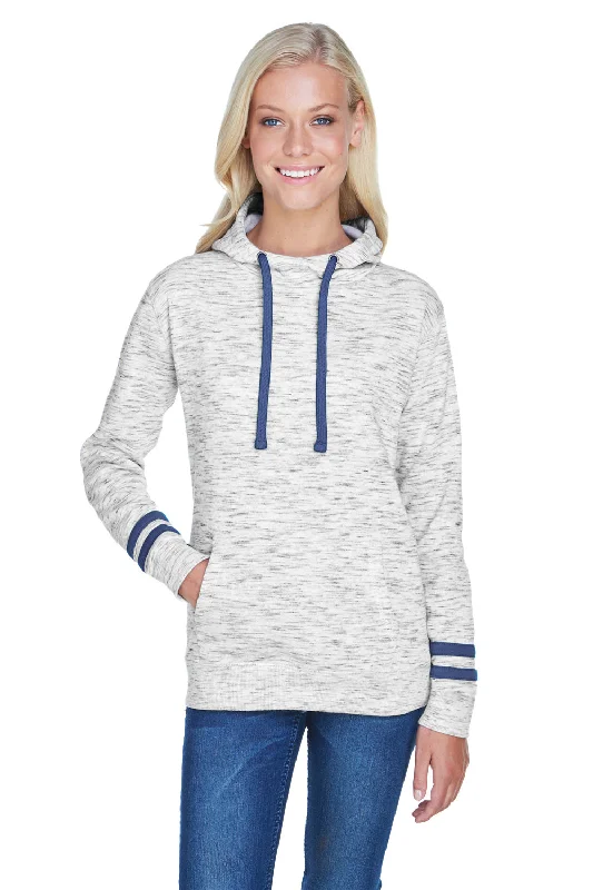 J America Womens Fleece Hooded Sweatshirt Hoodie w/ Pouch Pocket - White/Navy Blue