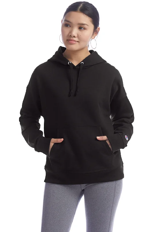 Champion Womens PowerBlend Relaxed Hooded Sweatshirt Hoodie w/ Pouch Pocket - Black