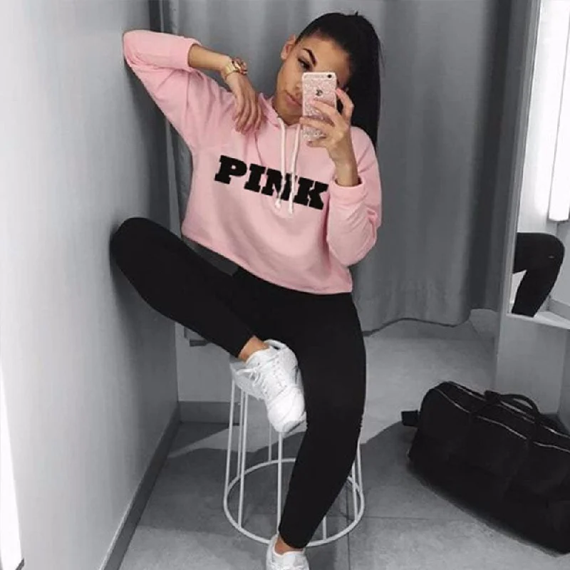 Women Oversized Hoodies Jumper Sweatshirt Female Pink Cropped Top