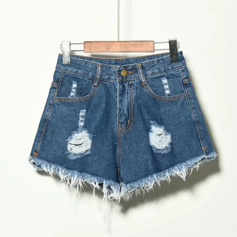 Amy Fashion - Hole Irregular Large Size Denim Shorts