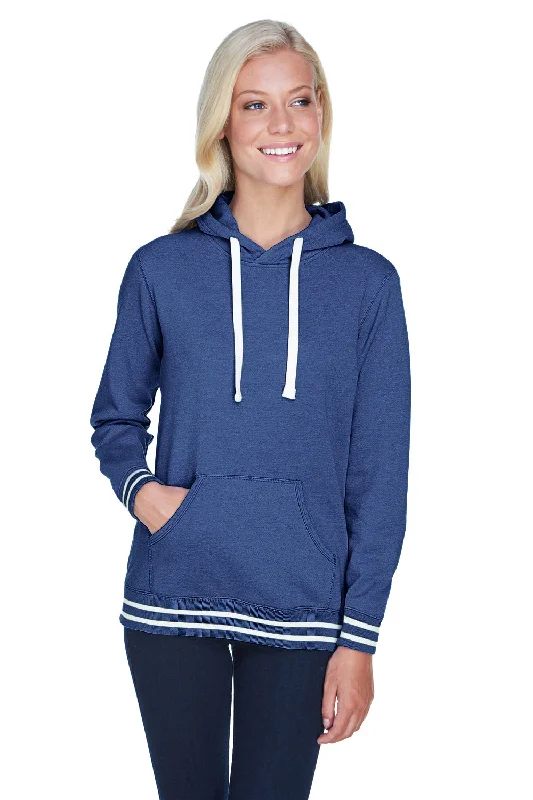 J America Womens Relay Sueded Fleece Hooded Sweatshirt Hoodie w/ Pouch Pocket - Navy Blue/White - Closeout