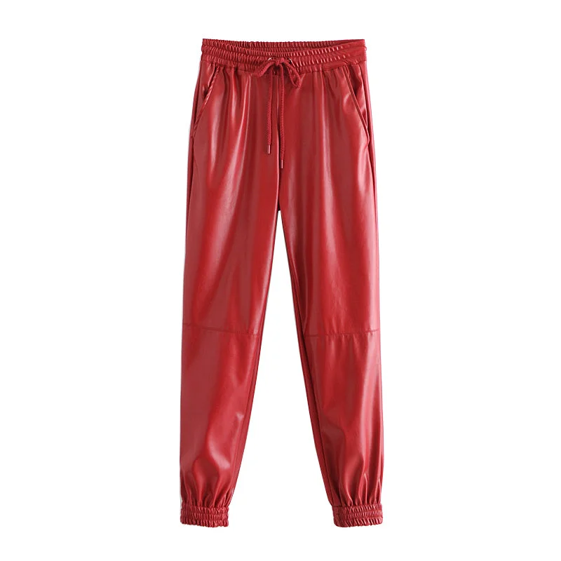 Amy Fashion - Fashion Side Pockets Faux Leather Jogging Pants