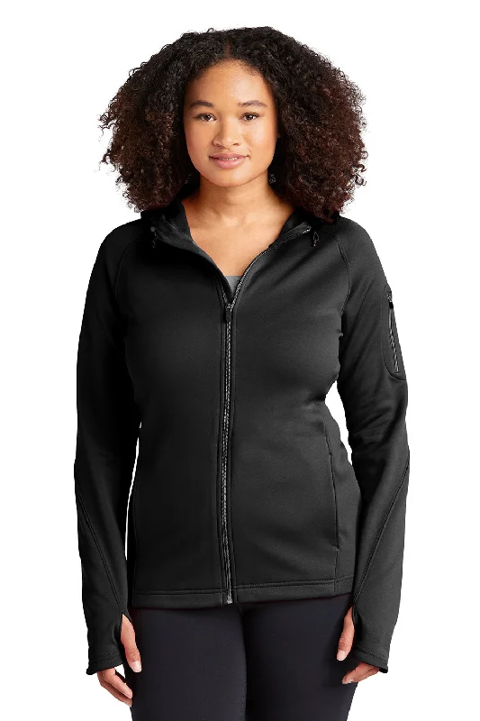 Sport-Tek Womens Tech Moisture Wicking Fleece Full Zip Hooded Sweatshirt Hoodie w/ Pockets - Black