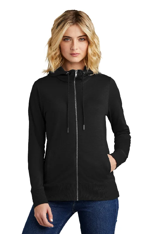 District Womens French Terry Full Zip Hooded Sweatshirt Hoodie w/ Pockets - Black