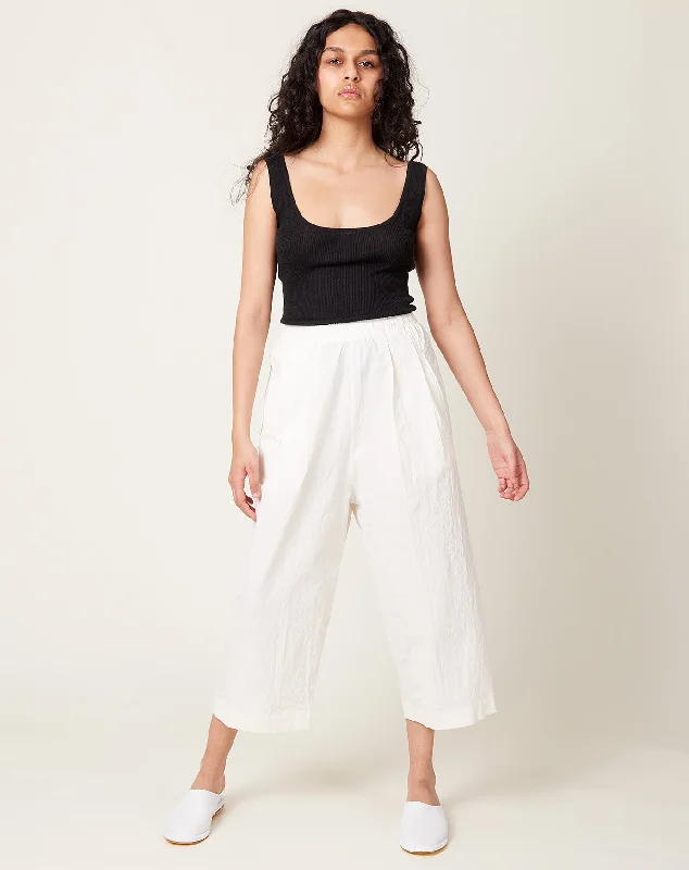 Dropped Open Leg Trouser in Off White Stretch Crinkle