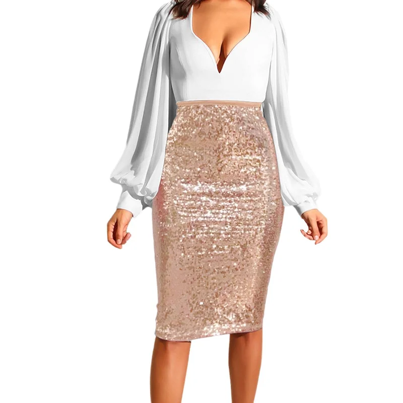 Shiny Sequin High Waist Glitter Gold Silver Stretchy Pencil Skirt