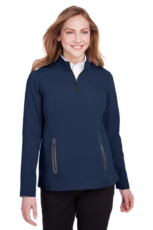 North End Womens Quest Performance Moisture Wicking 1/4 Zip Sweatshirt w/ Pockets - Classic Navy Blue/Carbon Grey - Closeout