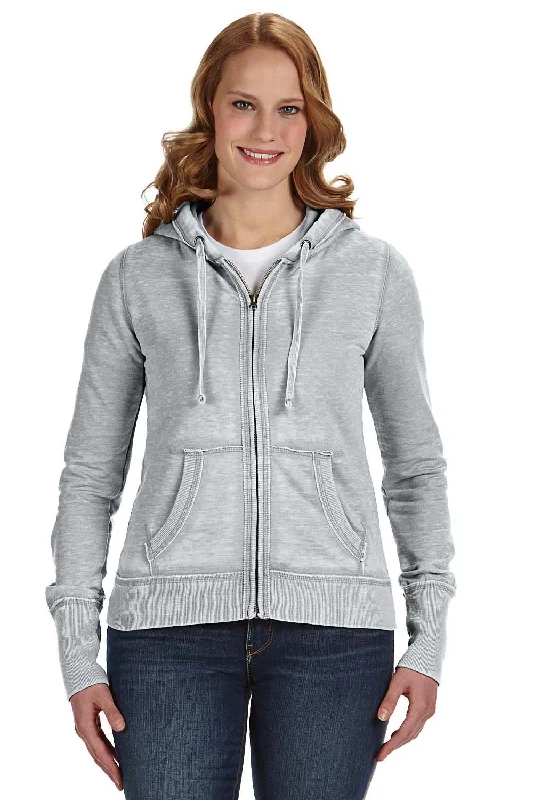 J America Womens Zen Burnout Fleece Full Zip Hooded Sweatshirt Hoodie w/ Pockets - Cement Grey