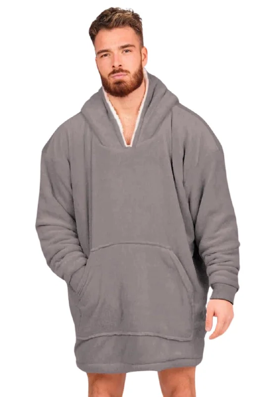 Mens Oversized Sherpa Lined Hoodie Blanket, Grey