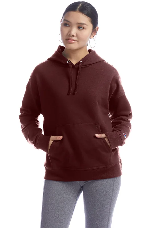 Champion Womens PowerBlend Relaxed Hooded Sweatshirt Hoodie w/ Pouch Pocket - Maroon