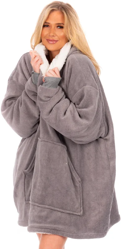 Ladies Oversized Sherpa Lined Hoodie Blanket, Grey