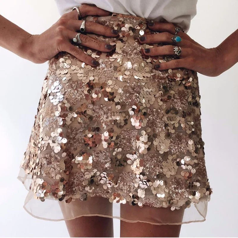 Amy Fashion - Shiny Glitter Sequins High Waist A Line Short Skirt