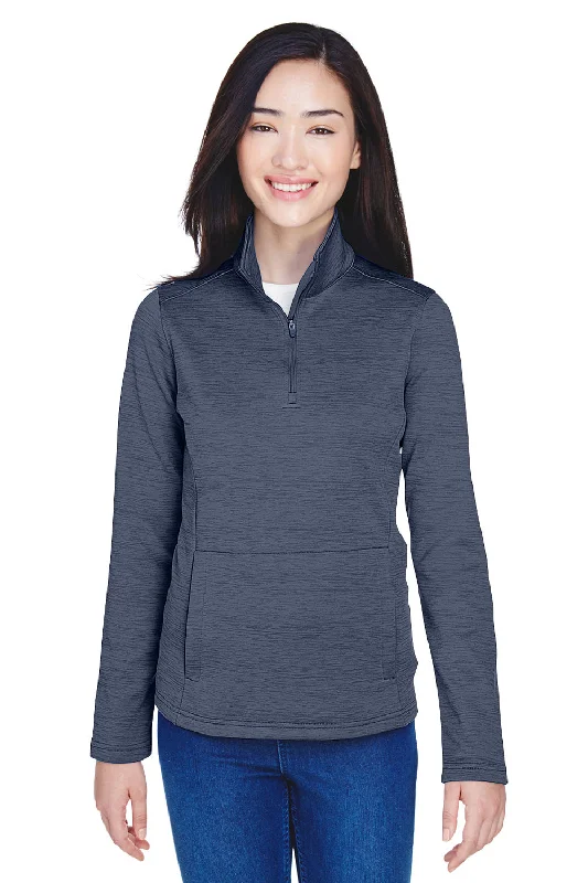 Devon & Jones Womens Newbury Fleece 1/4 Zip Sweatshirt w/ Pouch Pocket - Heather Navy Blue