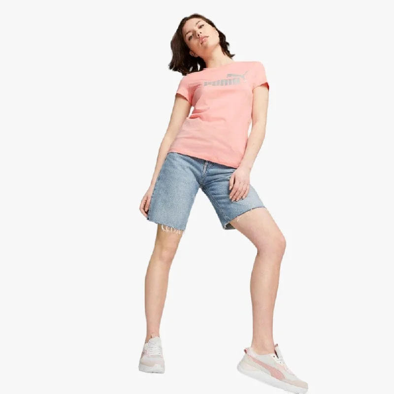 Puma Womens Ess+ Metallic Logo Short Sleeve Tee Peach Smoothie