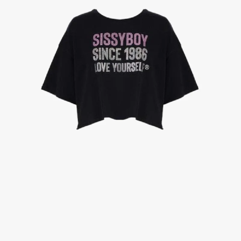 Sissy Boy Womens Boxy Oversized Bling Logo Short Sleeve Top Black