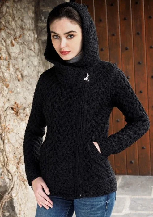 Aran Crafts Side Zip Hooded Cardigan | Black