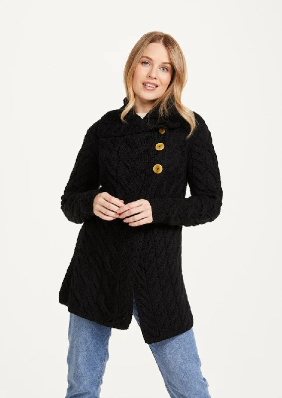 Aran 3 Buttoned Longline Cardigan | Black