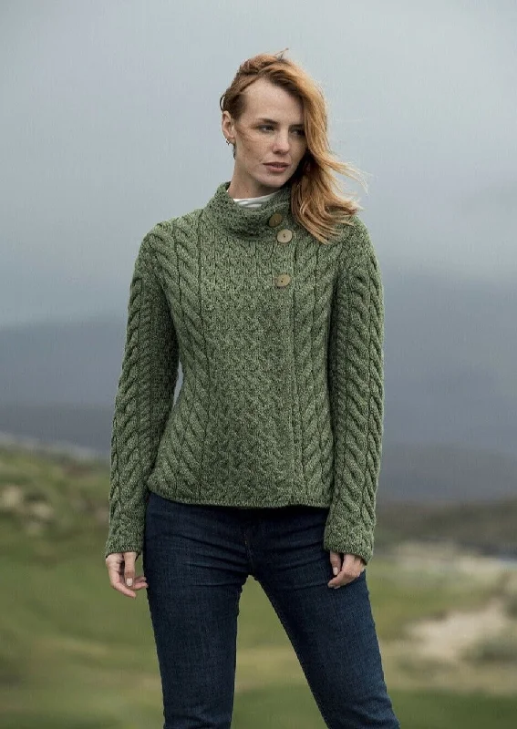 Aran 3 Buttons Trellis Cardigan | Green