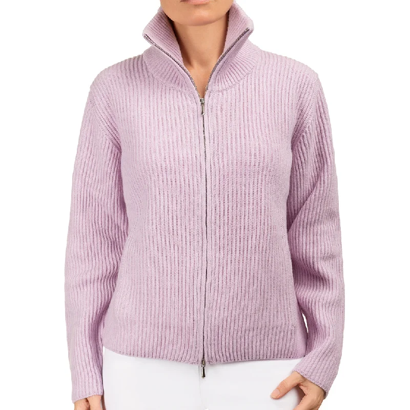 Cashmere & Wool Rib Zip Cardigan in Lilac