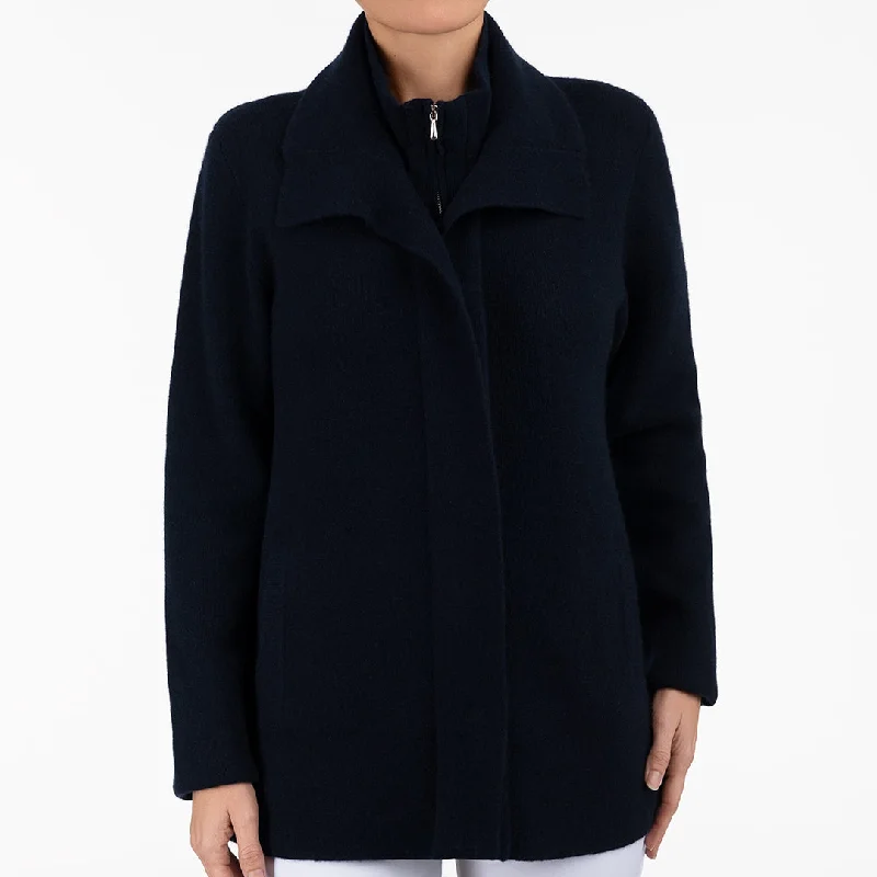 Double Collar Zip Front Cardigan in Navy