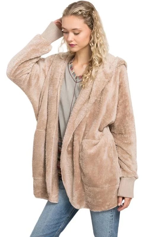 Hem & Thread Fuzzy knit open front, hooded cardigan with pockets L2394