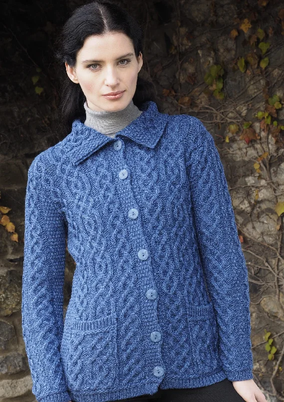 Aran Buttoned Collar Cardigan | Blue