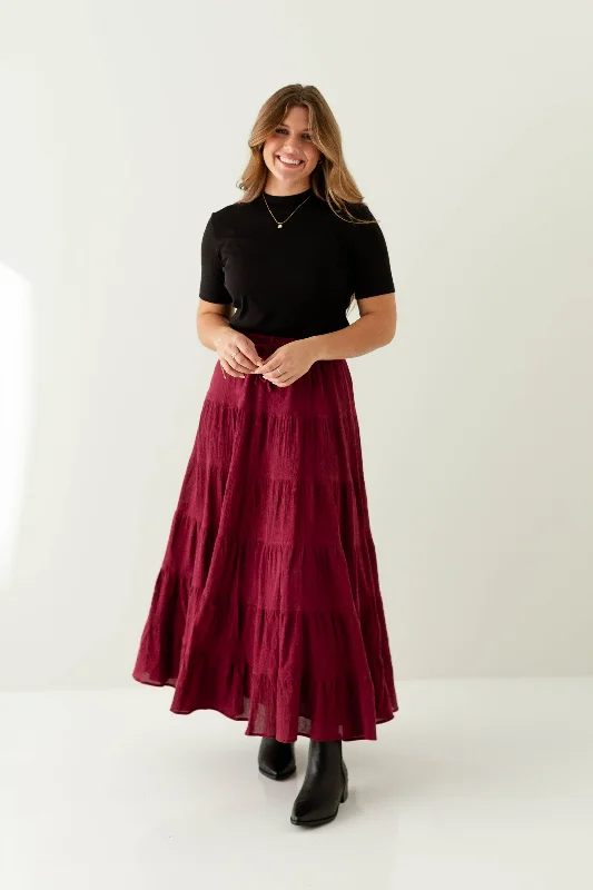 'Illyana' Textured Tiered Maxi Skirt in Maroon