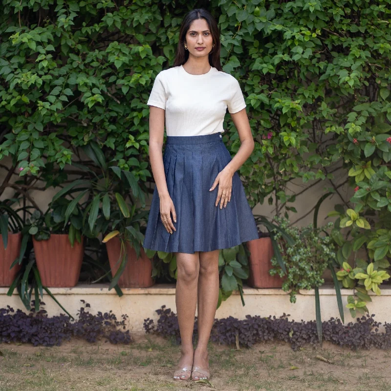 Indigo Cotton Denim Pleated Short Skirt