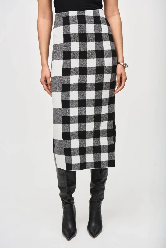 Joseph Ribkoff Black/Vanilla Check Jacquard Knit Pull On Midi Skirt 243947