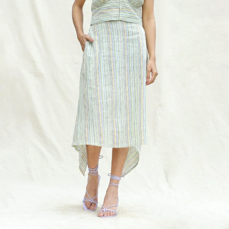 Multicolor Stripes Cotton Back Slit Asymmetric Skirt