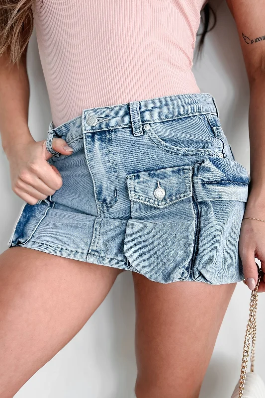 No Pep Talk Needed Denim Cargo Mini Skirt (Light Denim)