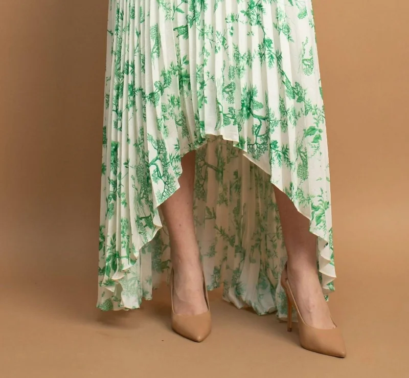 Pleated Printed Midi Hi Low Skirt In Green And White