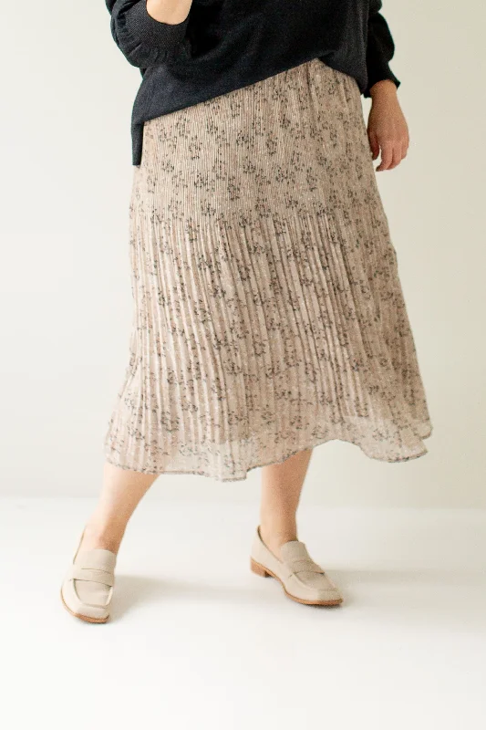 Plus 'Shirley' Ditsy Print Pleated Midi Skirt in Light Taupe