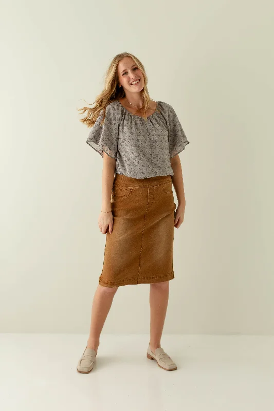 'Sara' Stretch Denim Skirt in Camel