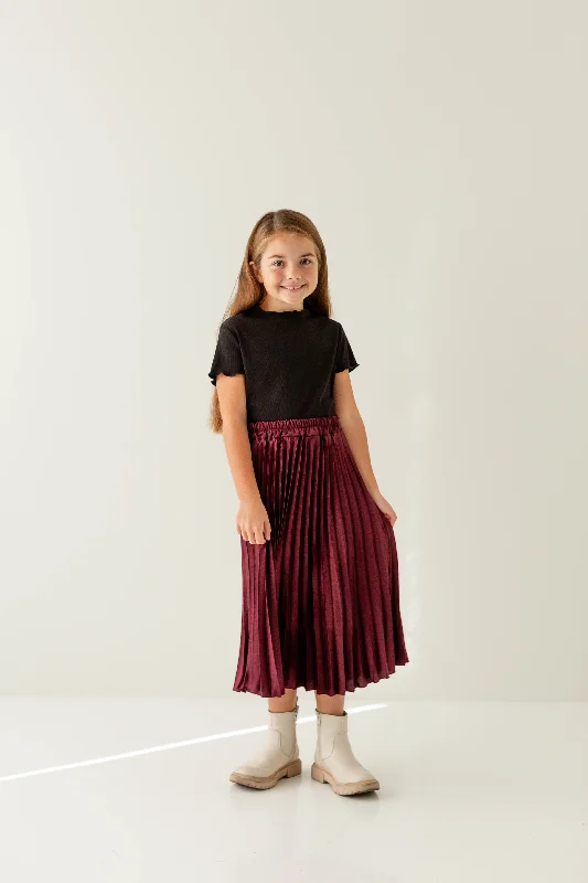 'Savina' Girl Pleated Midi Skirt in Wine