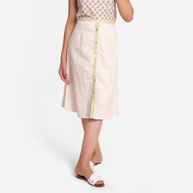 White Block Print Lace Cotton Knee Length Skirt